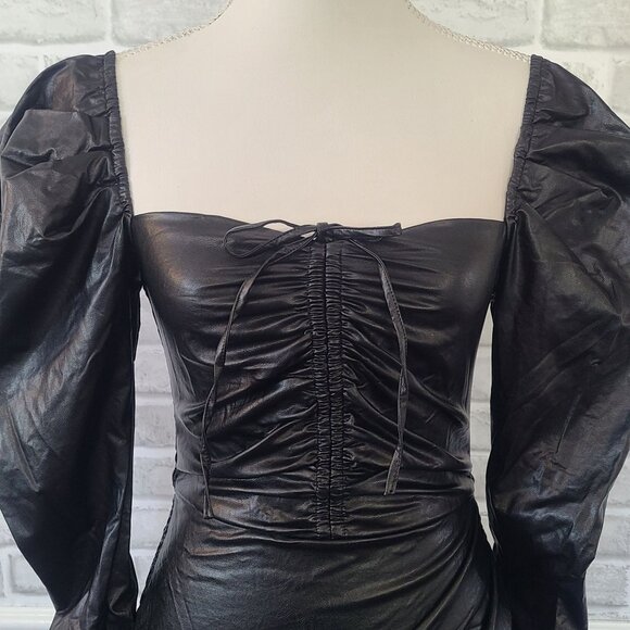 Capsulle Black Faux Leather Mini Dress Bodycon Edgy Glam Goth Long Sleeve NEW S - Picture 2 of 8